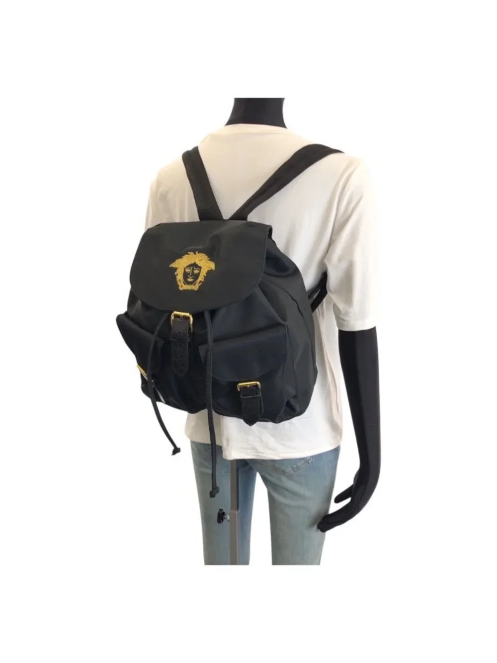 Versace Vintage Medusa Black Gold Nylon Backpack